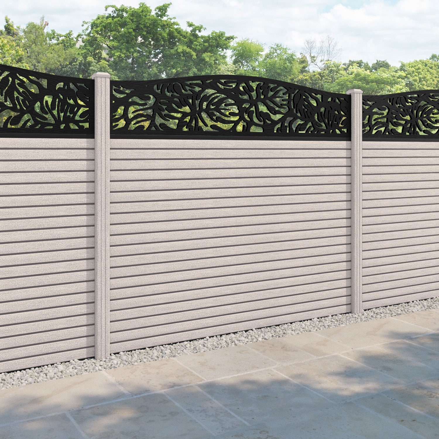 Hudson Botanic Curved Top Fence Panel - Mid Stone - with our composite posts
