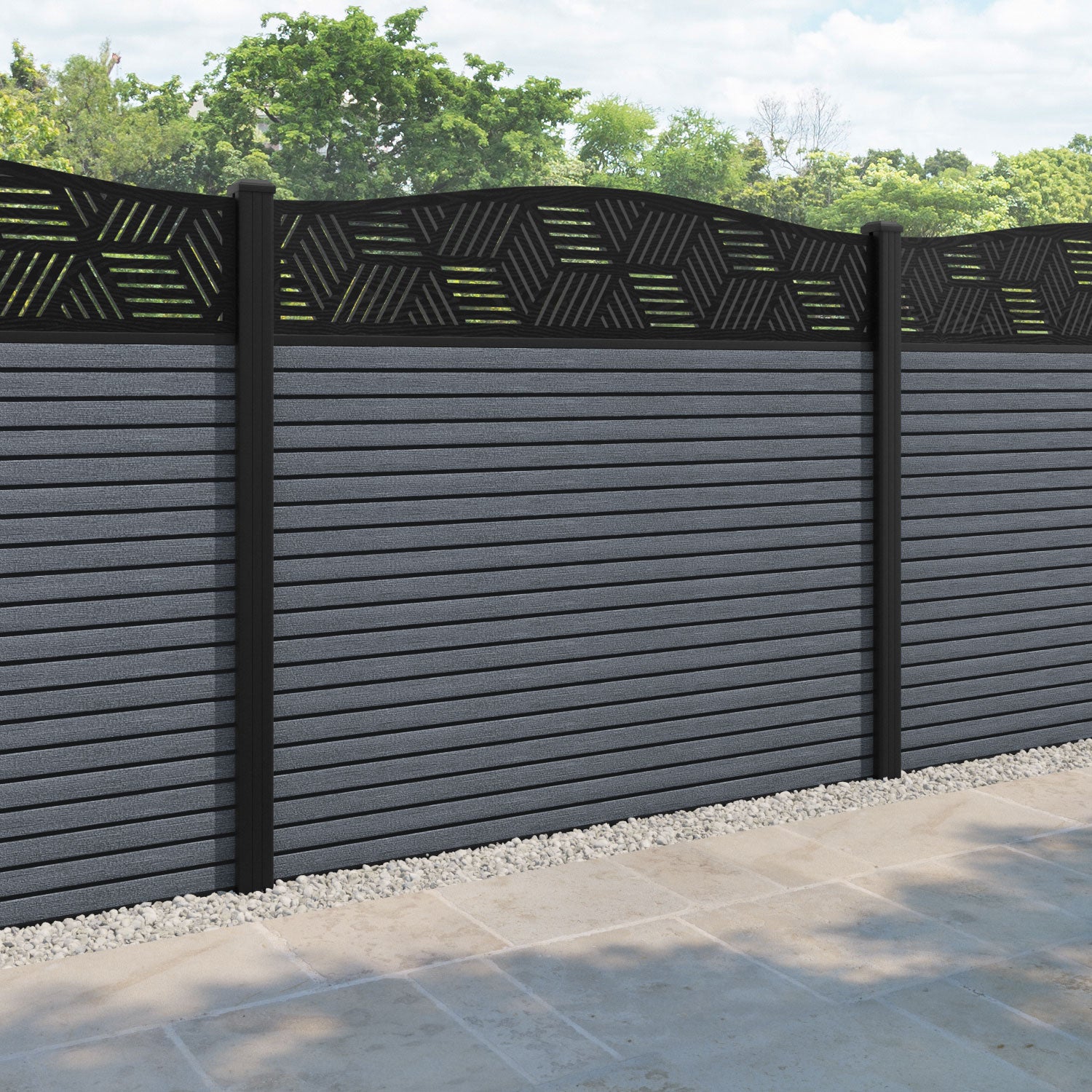 Hudson Cubed Curved Top Fence Panel - Anthracite - with our aluminium posts