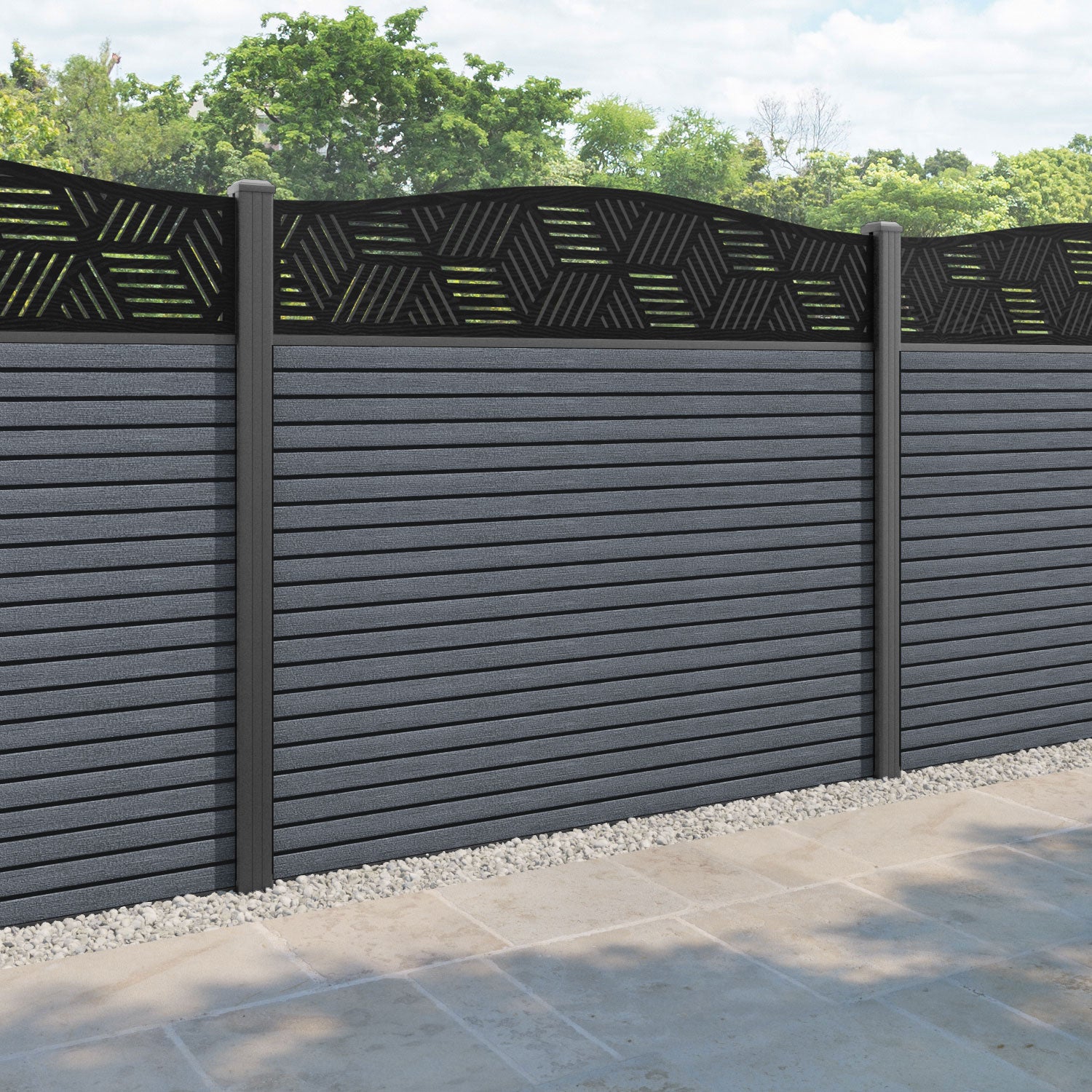 Hudson Cubed Curved Top Fence Panel - Anthracite - with our aluminium posts