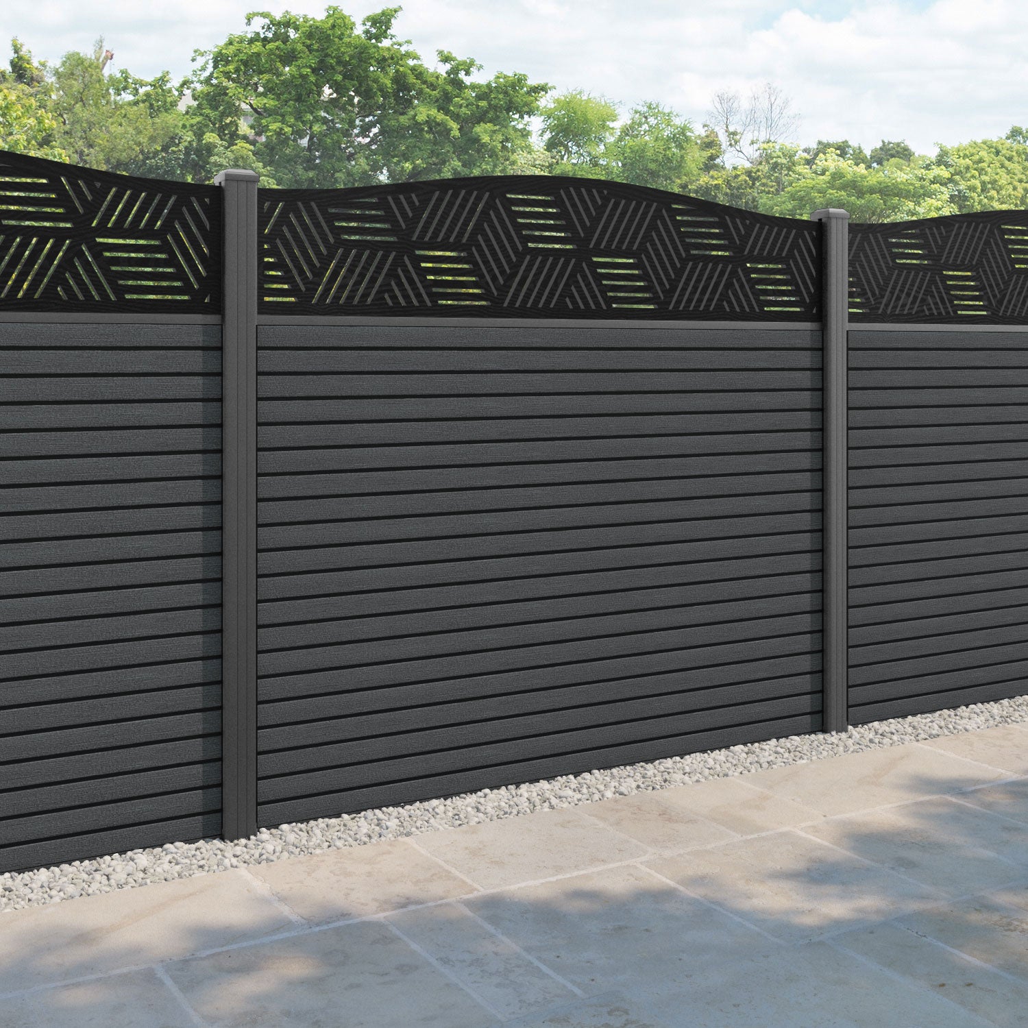 Hudson Cubed Curved Top Fence Panel - Dark Grey - with our aluminium posts