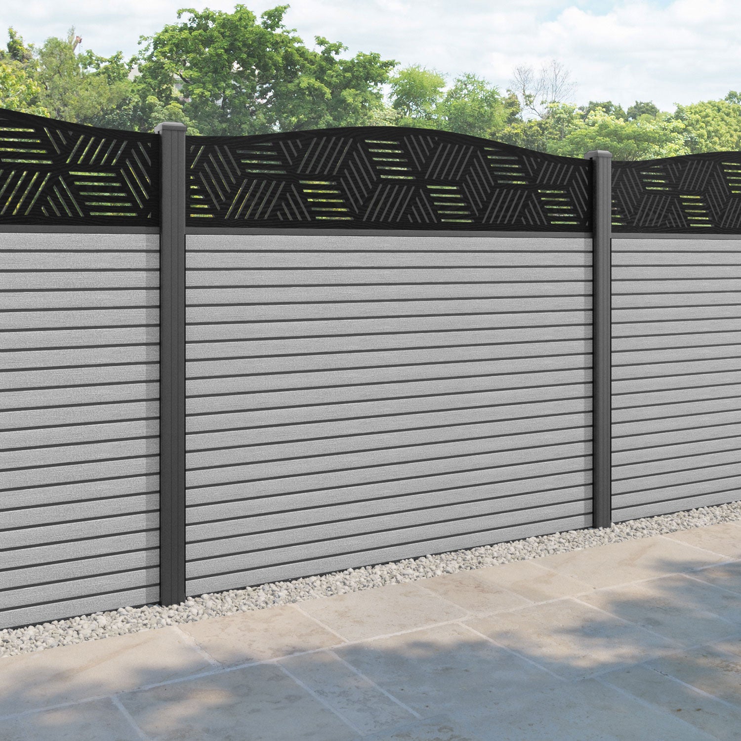 Hudson Cubed Curved Top Fence Panel - Light Grey - with our aluminium posts