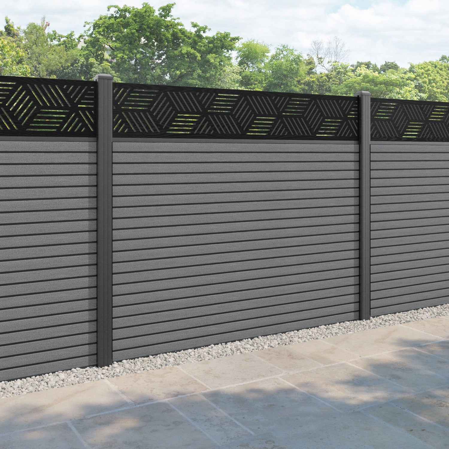 Hudson Cubed Fence Panel - Mid Grey - with our aluminium posts