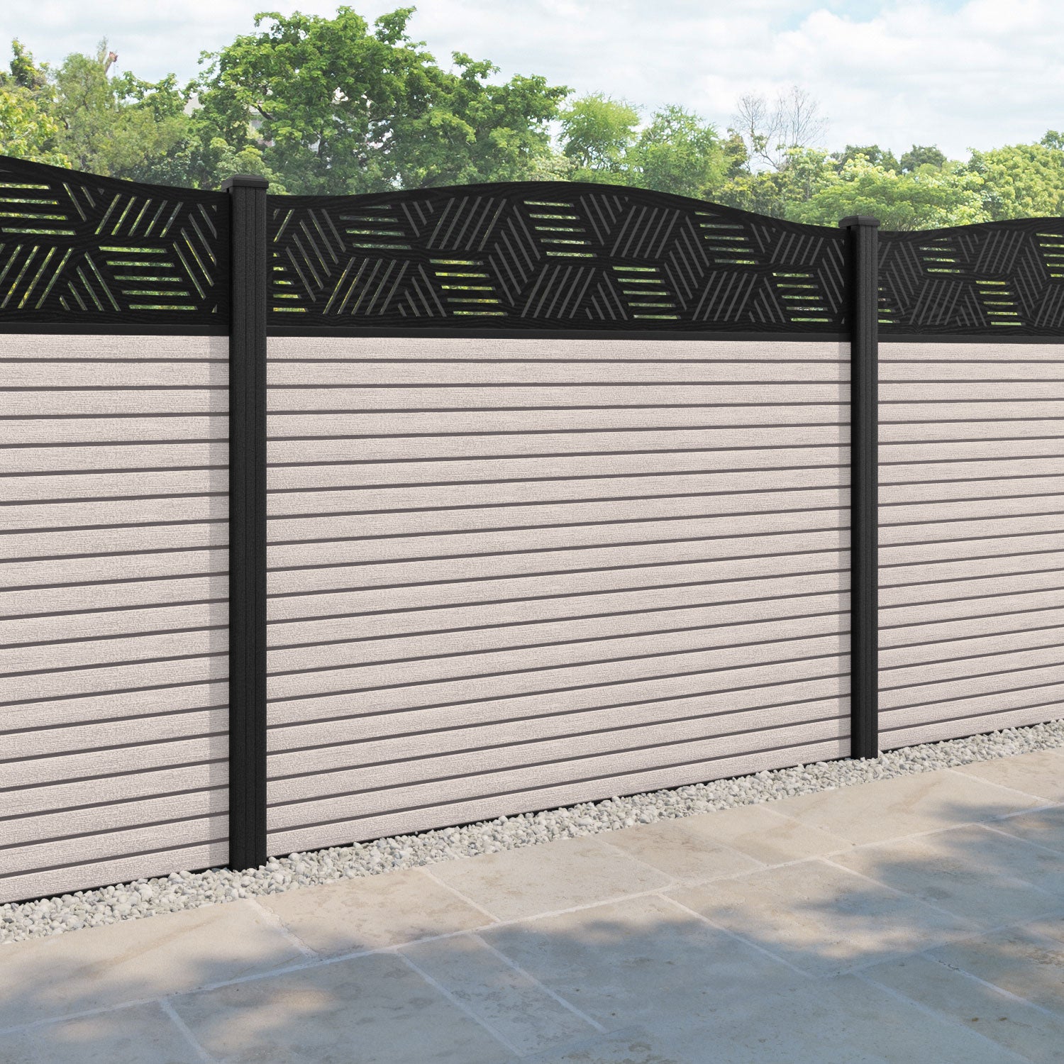 Hudson Cubed Curved Top Fence Panel - Mid Stone - with our composite posts