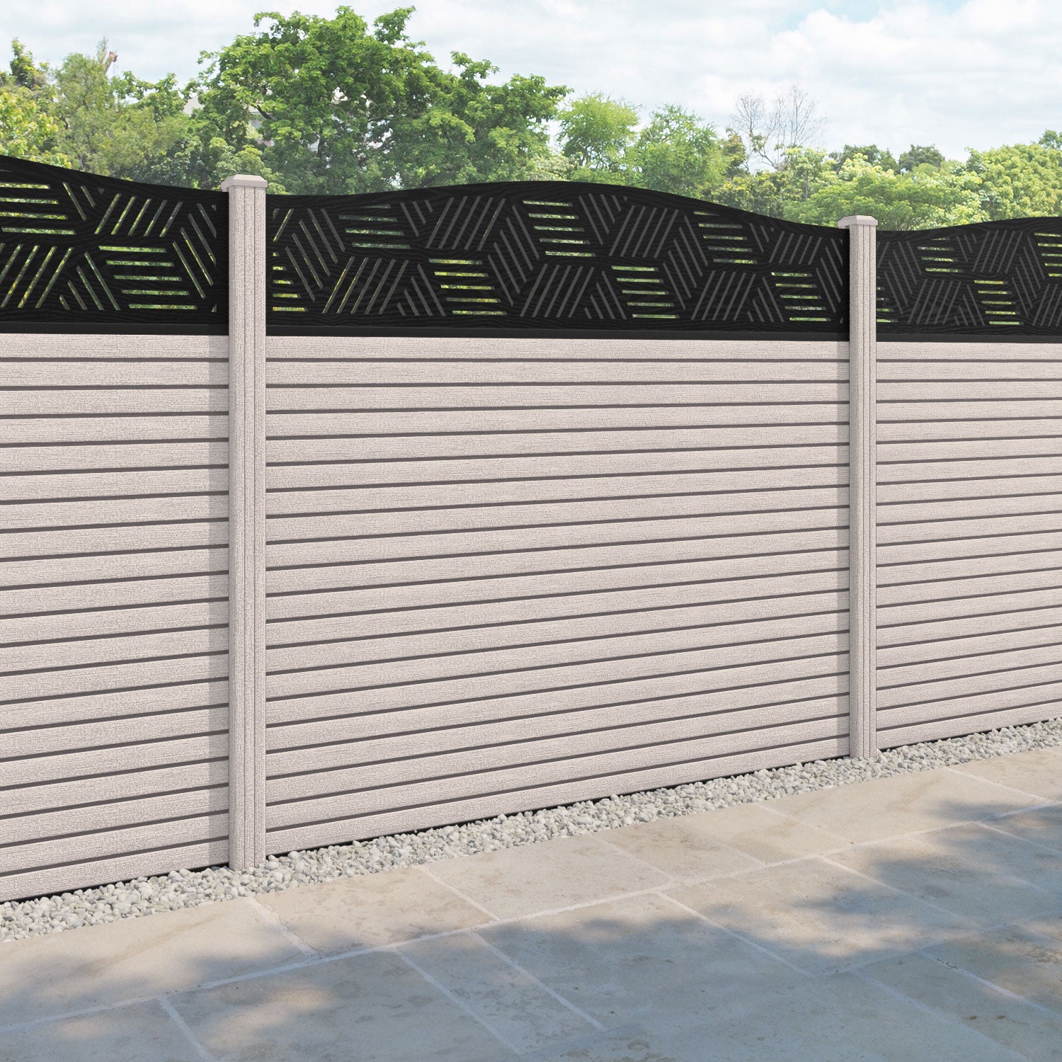 Hudson Cubed Curved Top Fence Panel - Mid Stone - with our composite posts