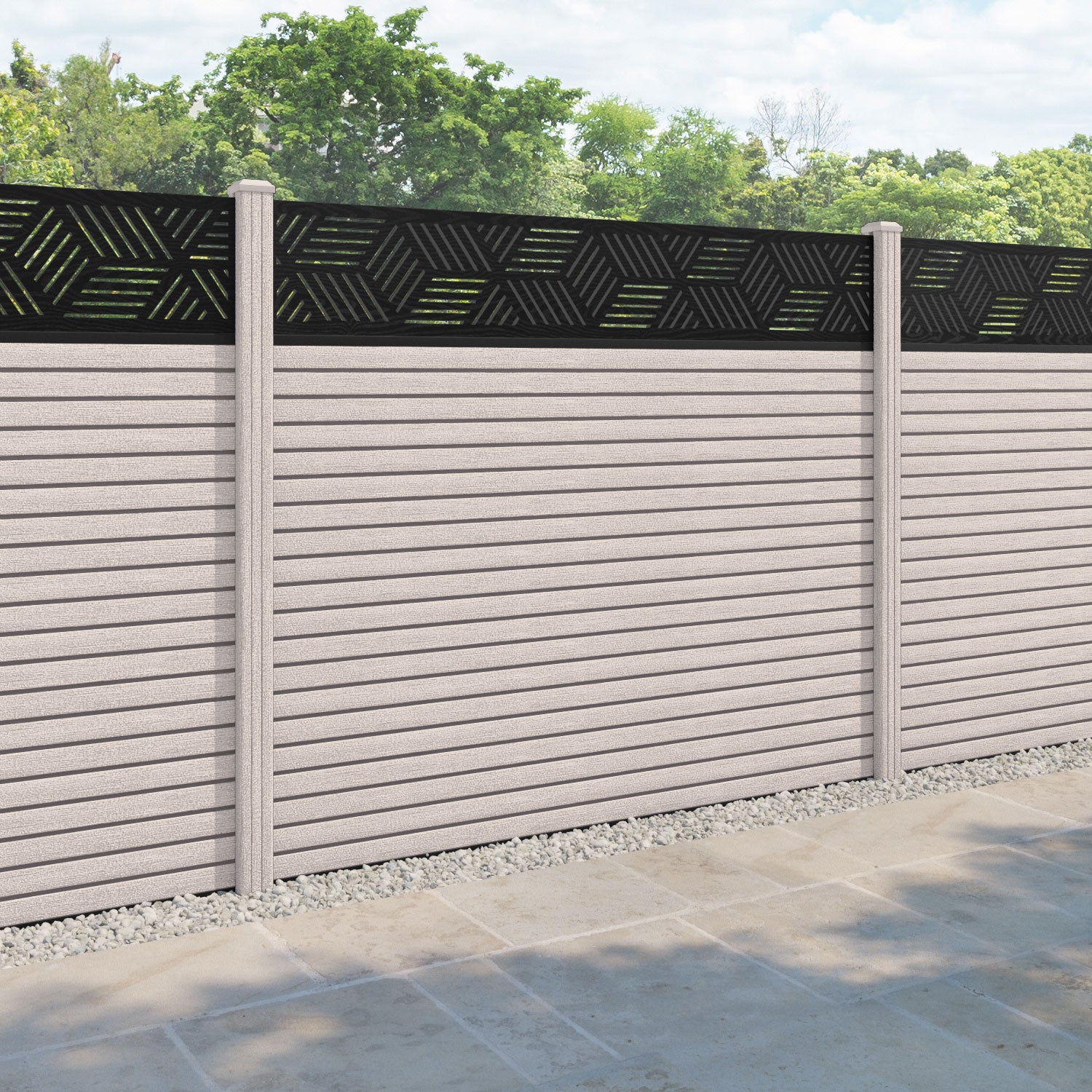 Hudson Cubed Fence Panel - Mid Stone - with our composite posts