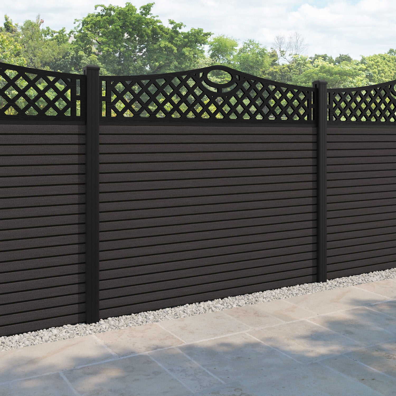 Hudson Oxford Curved Top Fence Panel - Dark Oak - with our aluminium posts