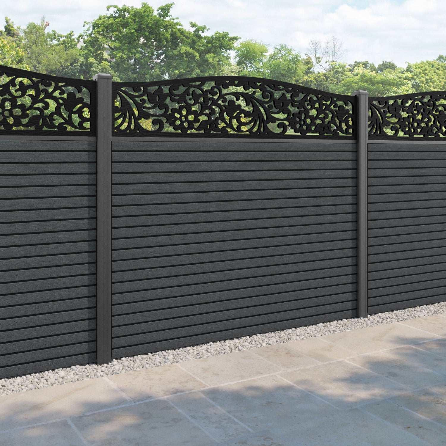Hudson Eden Curved Top Fence Panel - Dark Grey - with our aluminium posts