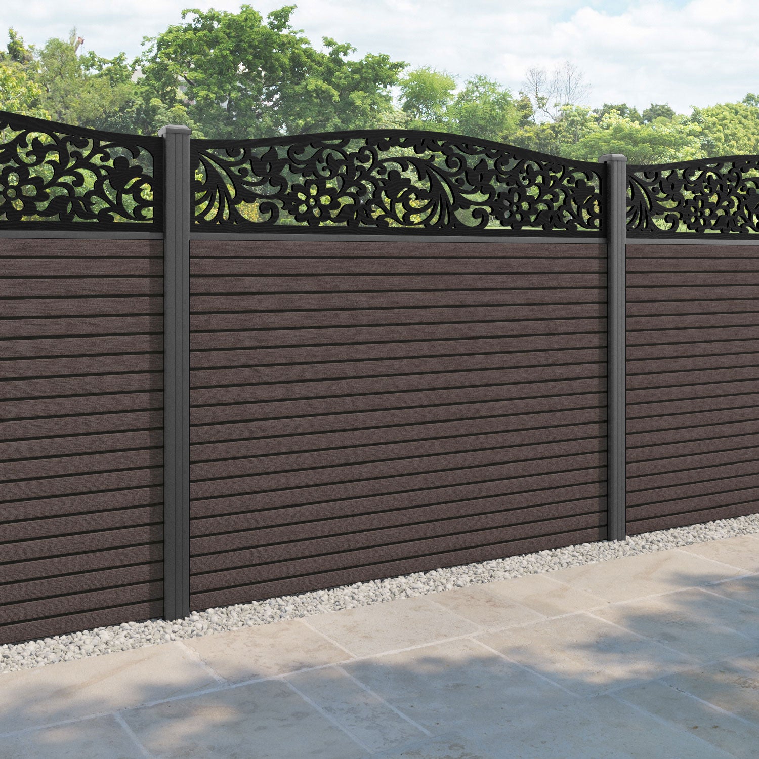 Hudson Eden Curved Top Fence Panel - Mid Brown - with our aluminium posts