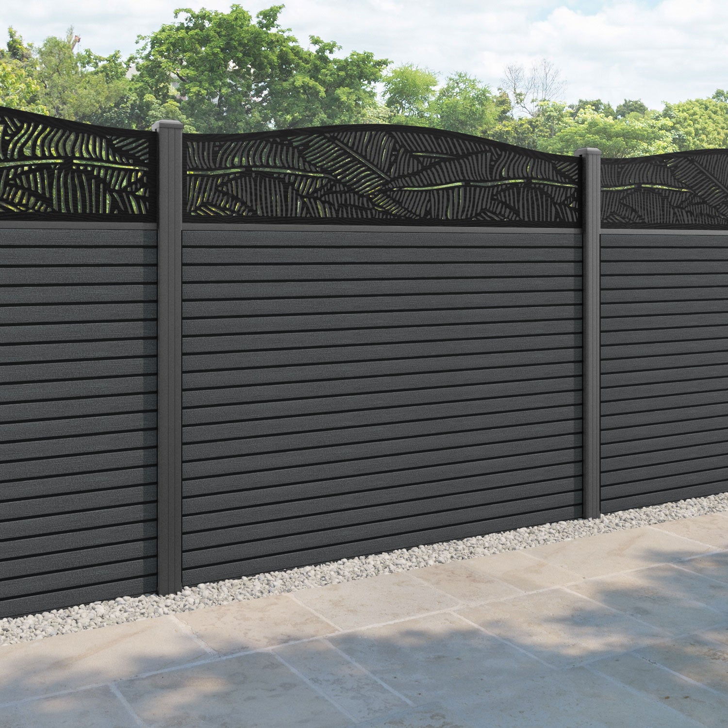 Hudson Feather Curved Top Fence Panel - Dark Grey - with our aluminium posts