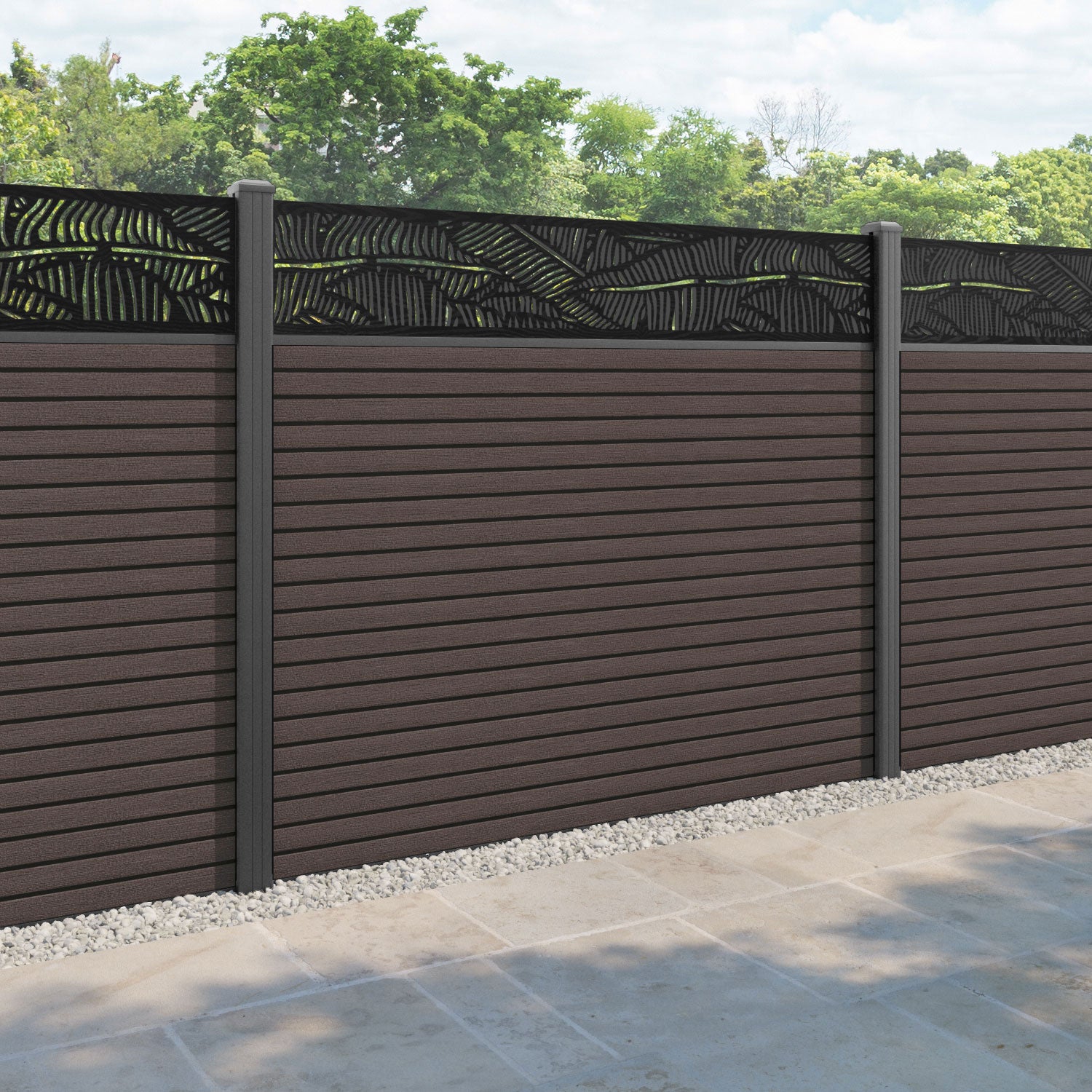 Hudson Feather Fence Panel - Mid Brown - with our aluminium posts