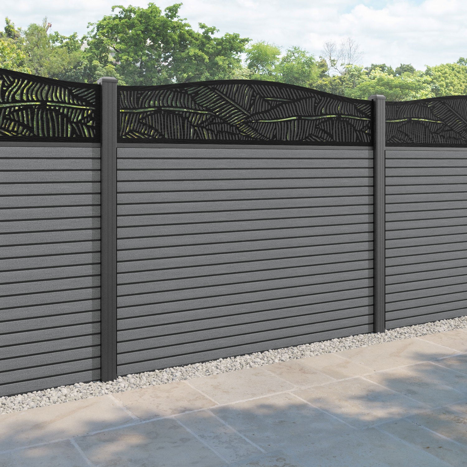 Hudson Feather Curved Top Fence Panel - Mid Grey - with our aluminium posts