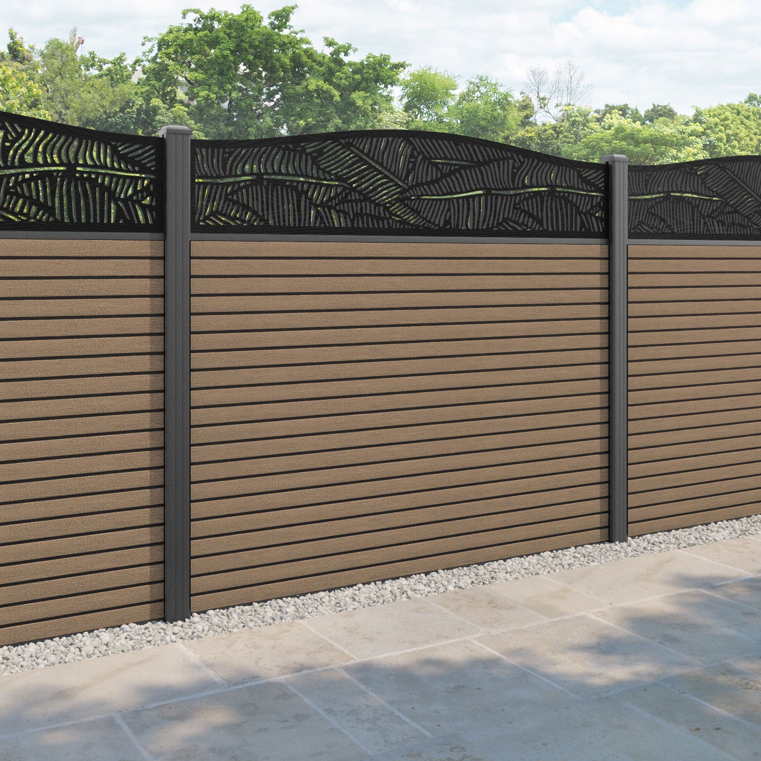 Hudson Feather Curved Top Fence Panel - Teak - with our aluminium posts