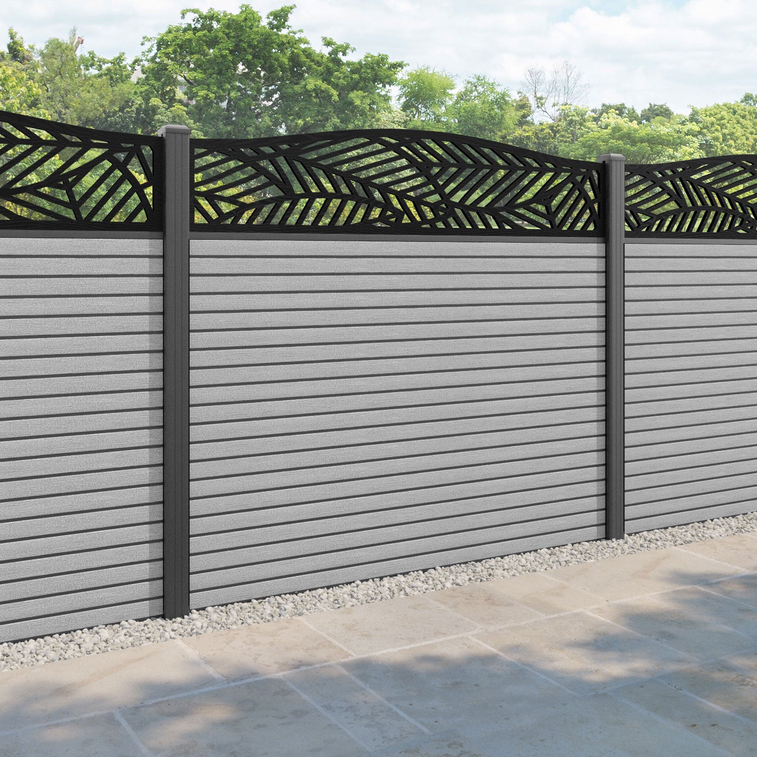 Hudson Habitat Curved Top Fence Panel - Light Grey - with our aluminium posts