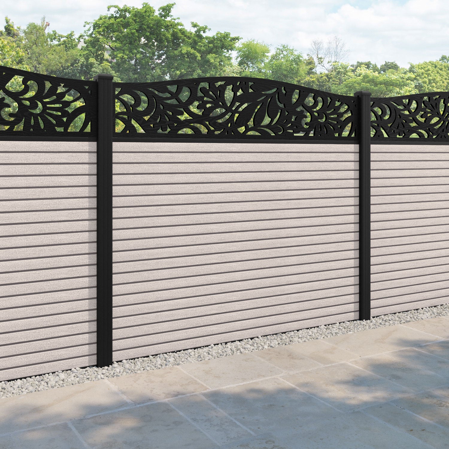 Hudson Heritage Curved Top Fence Panel - Mid Stone - with our aluminium posts