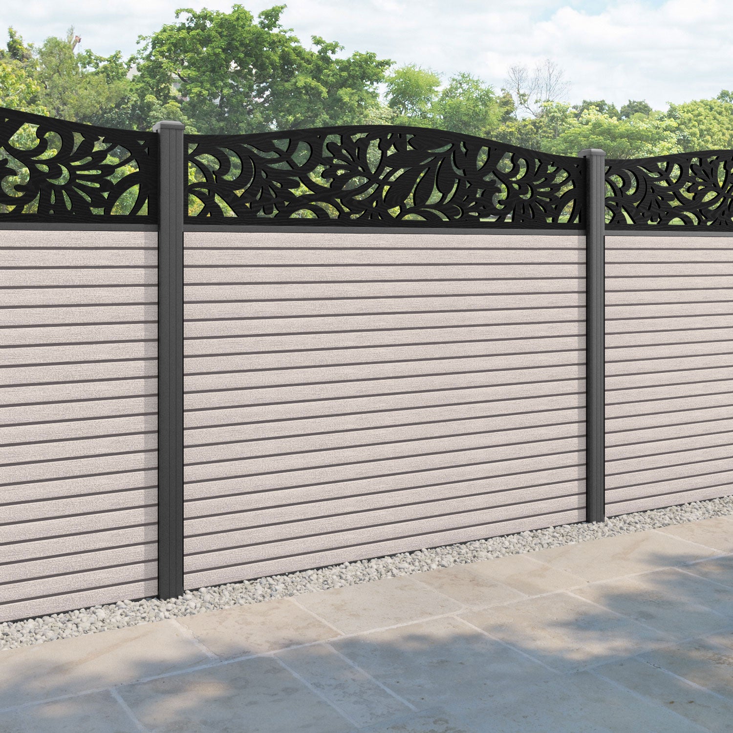Hudson Heritage Curved Top Fence Panel - Mid Stone - with our aluminium posts