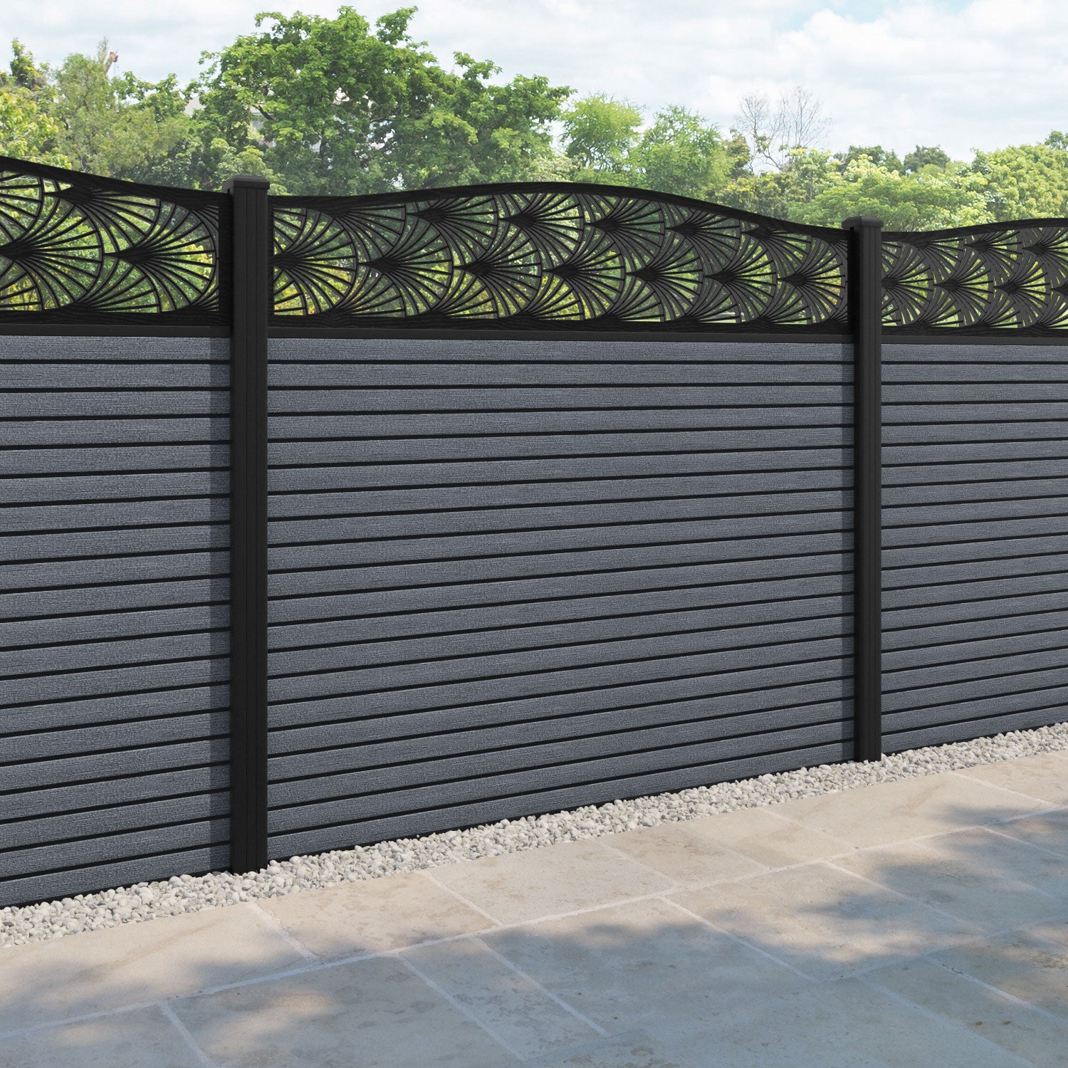 Hudson Laurel Curved Top Fence Panel - Anthracite - with our aluminium posts