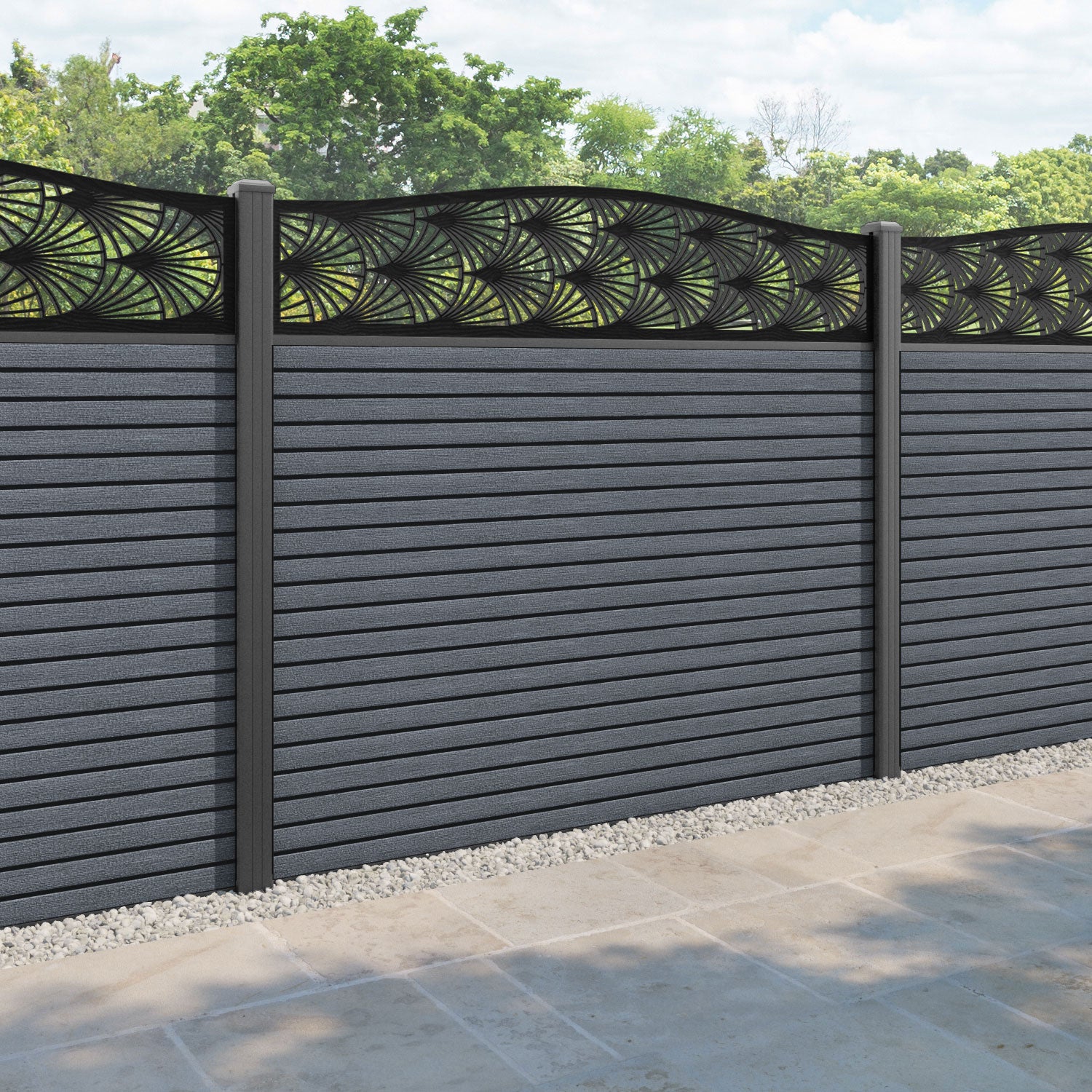Hudson Laurel Curved Top Fence Panel - Anthracite - with our aluminium posts