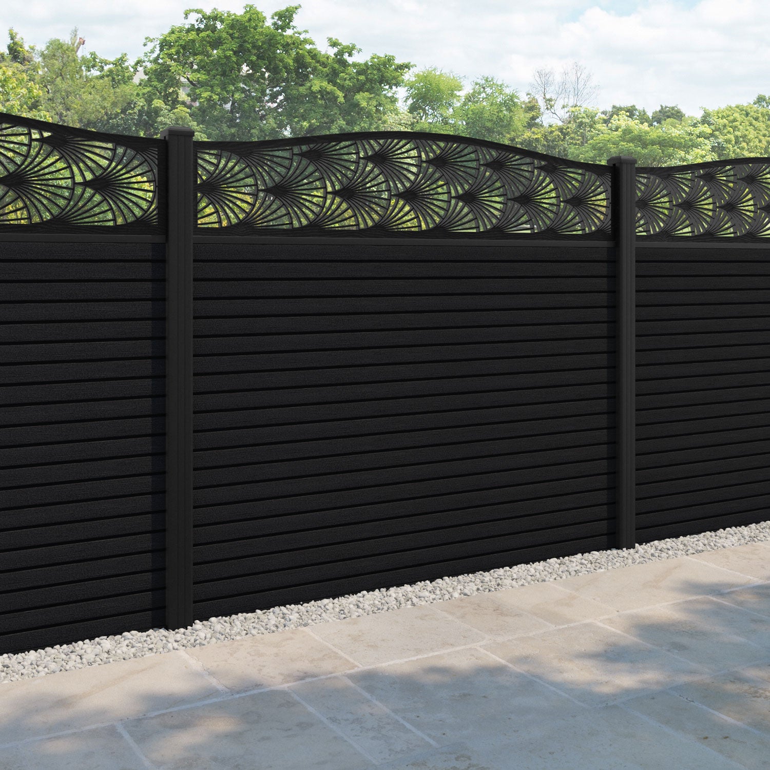Hudson Laurel Curved Top Fence Panel - Black - with our aluminium posts