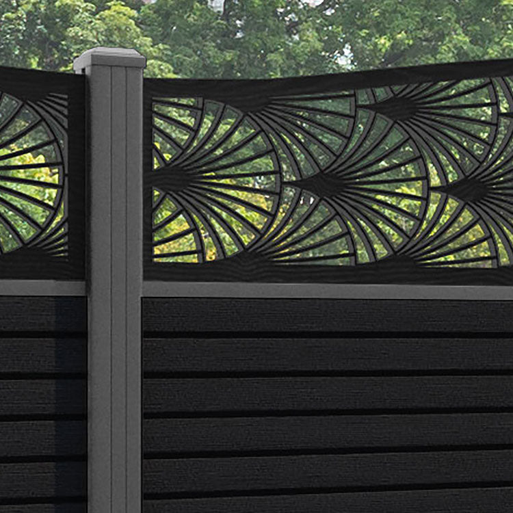 Hudson Laurel Curved Top Fence Panel - Black - with our aluminium posts