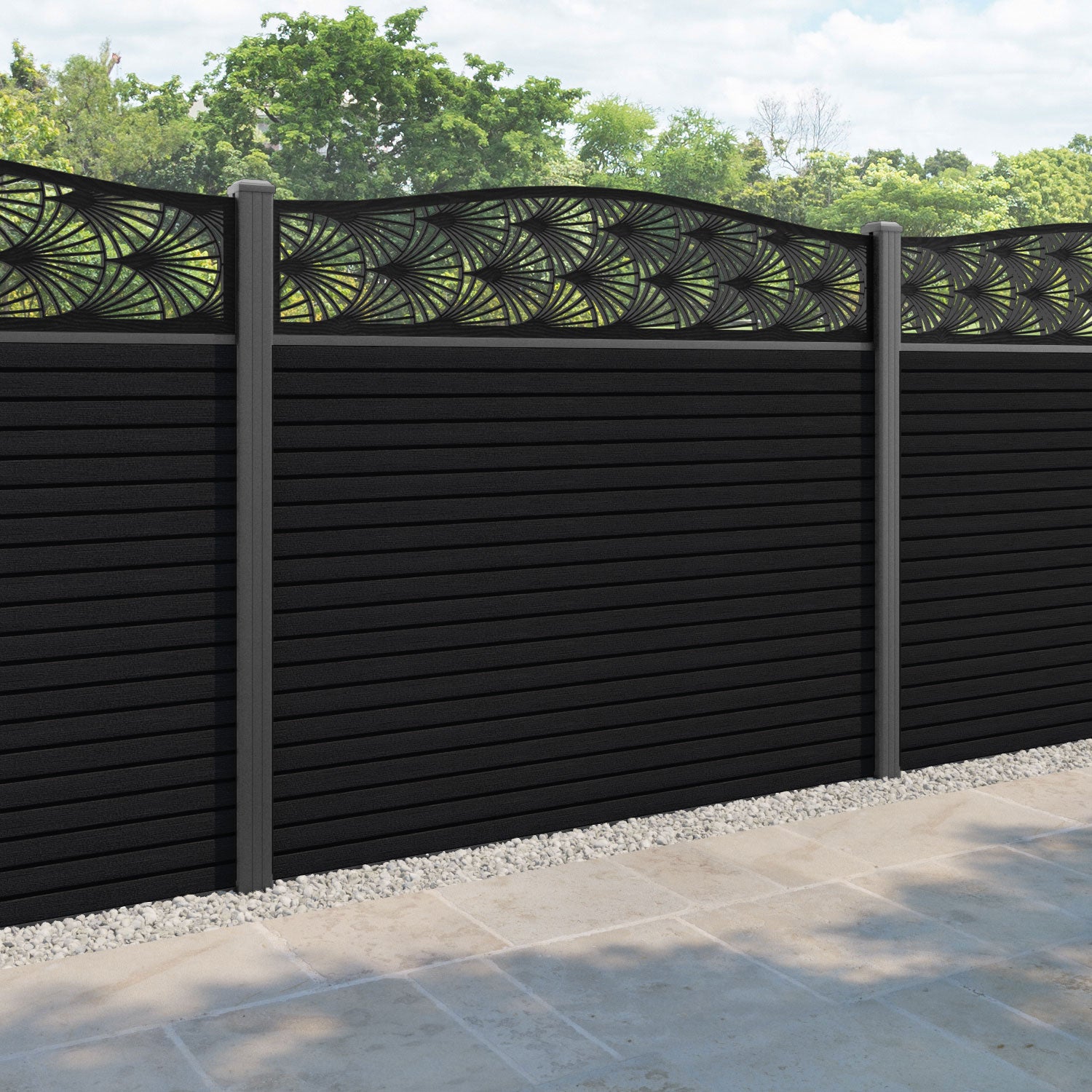 Hudson Laurel Curved Top Fence Panel - Black - with our aluminium posts