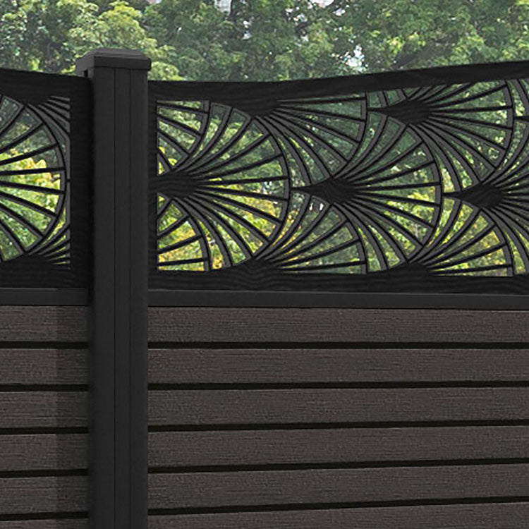 Hudson Laurel Curved Top Fence Panel - Dark Oak - with our aluminium posts