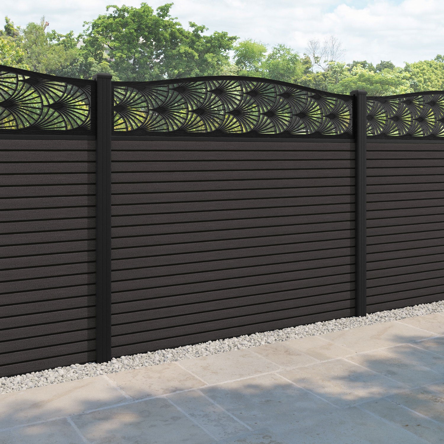 Hudson Laurel Curved Top Fence Panel - Dark Oak - with our aluminium posts