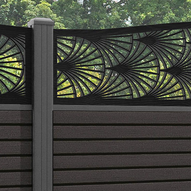 Hudson Laurel Curved Top Fence Panel - Dark Oak - with our aluminium posts