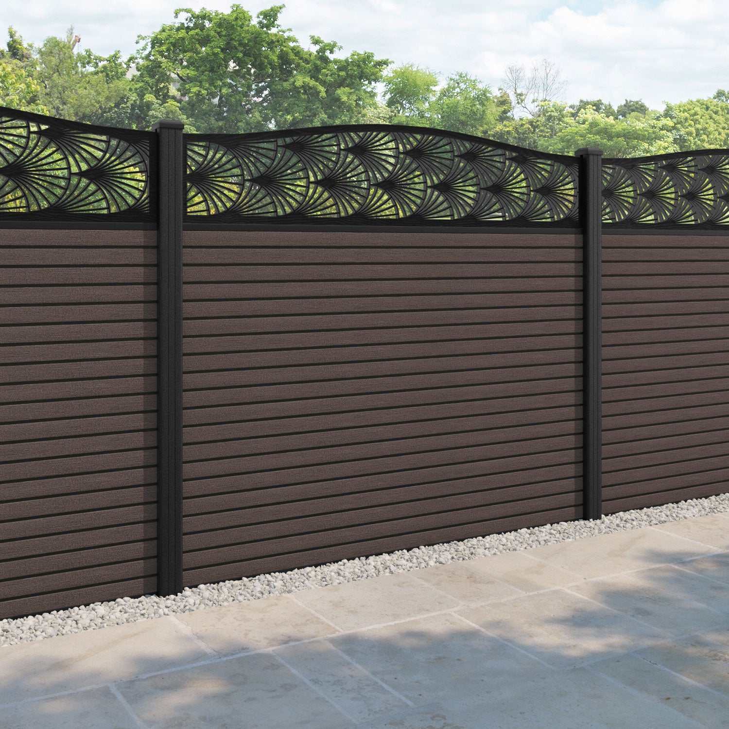 Hudson Laurel Curved Top Fence Panel - Mid Brown - with our composite posts
