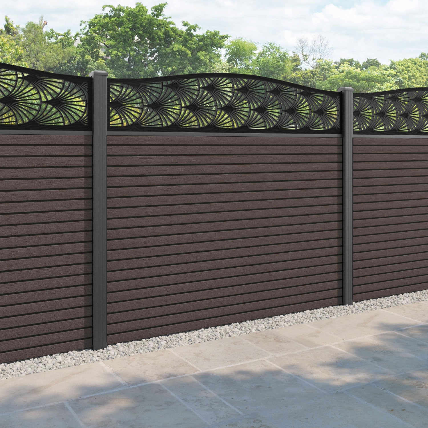 Hudson Laurel Curved Top Fence Panel - Mid Brown - with our aluminium posts