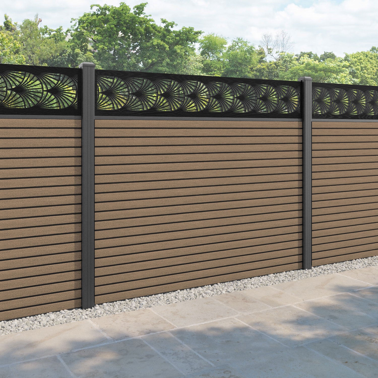 Hudson Laurel Fence Panel - Teak - with our aluminium posts