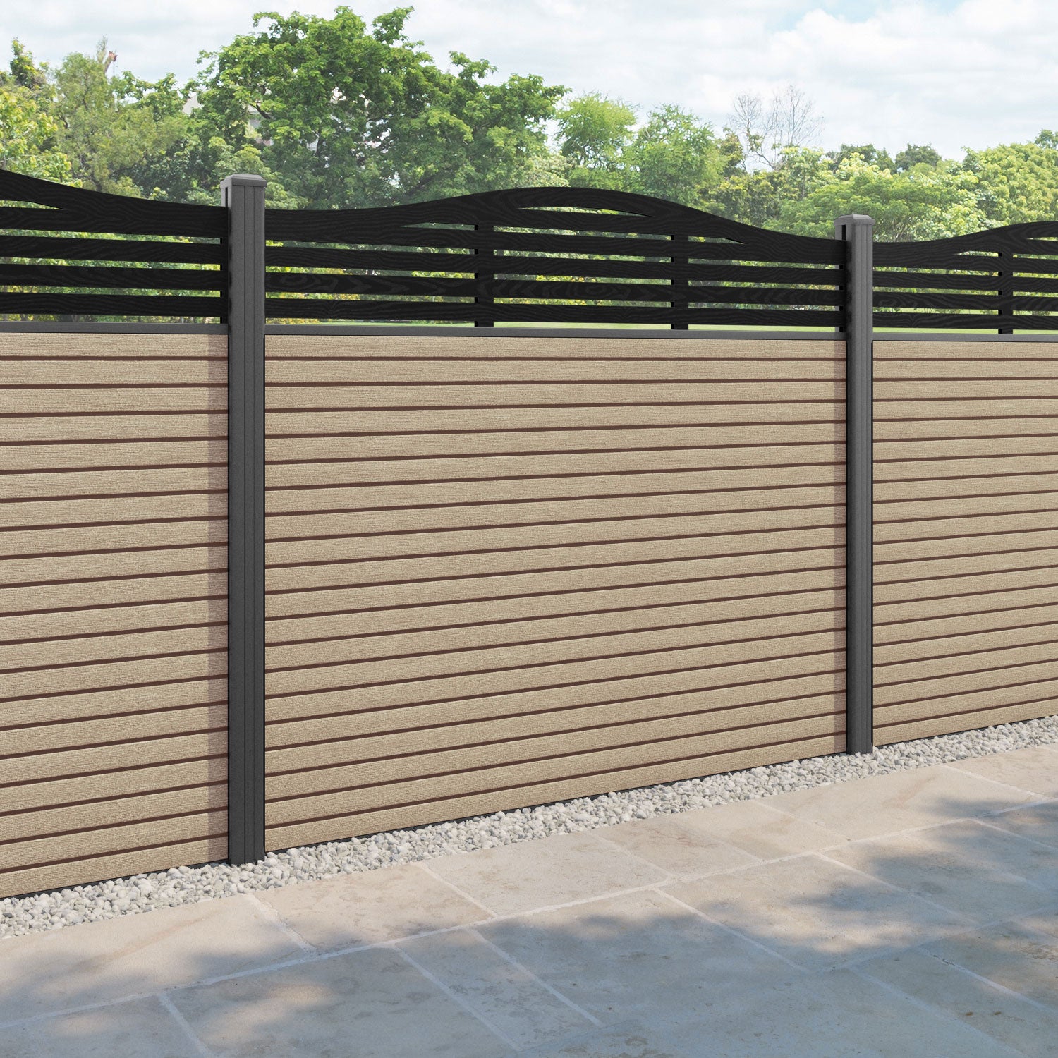 Hudson Aspen Curved Top Fence Panel - Light Oak - with our aluminium posts