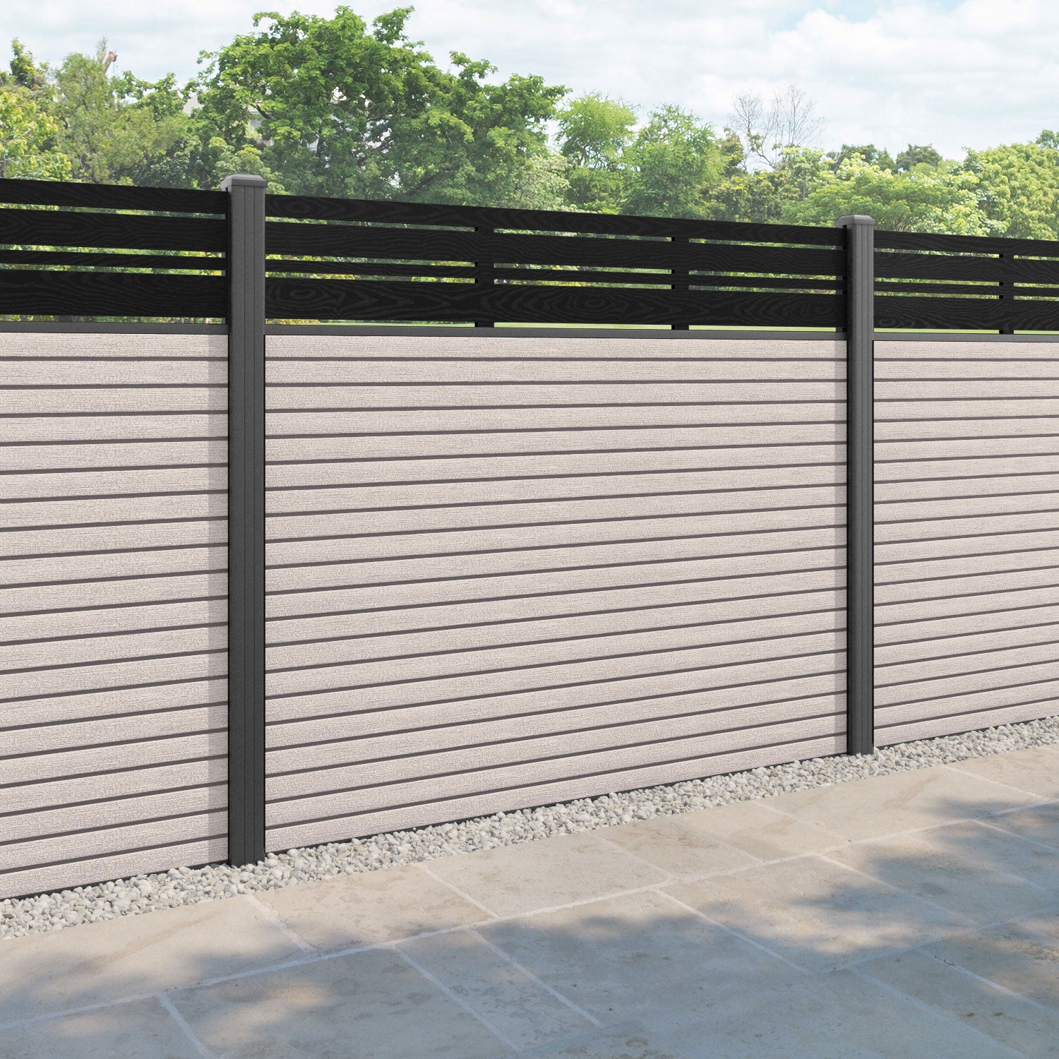 Hudson Linea Fence Panel - Mid Stone - with our aluminium posts
