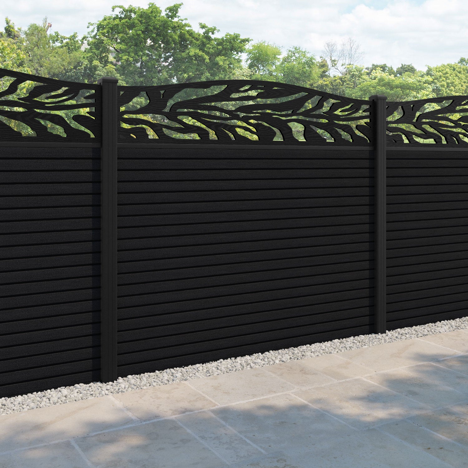 Hudson Malawi Curved Top Fence Panel - Black - with our aluminium posts