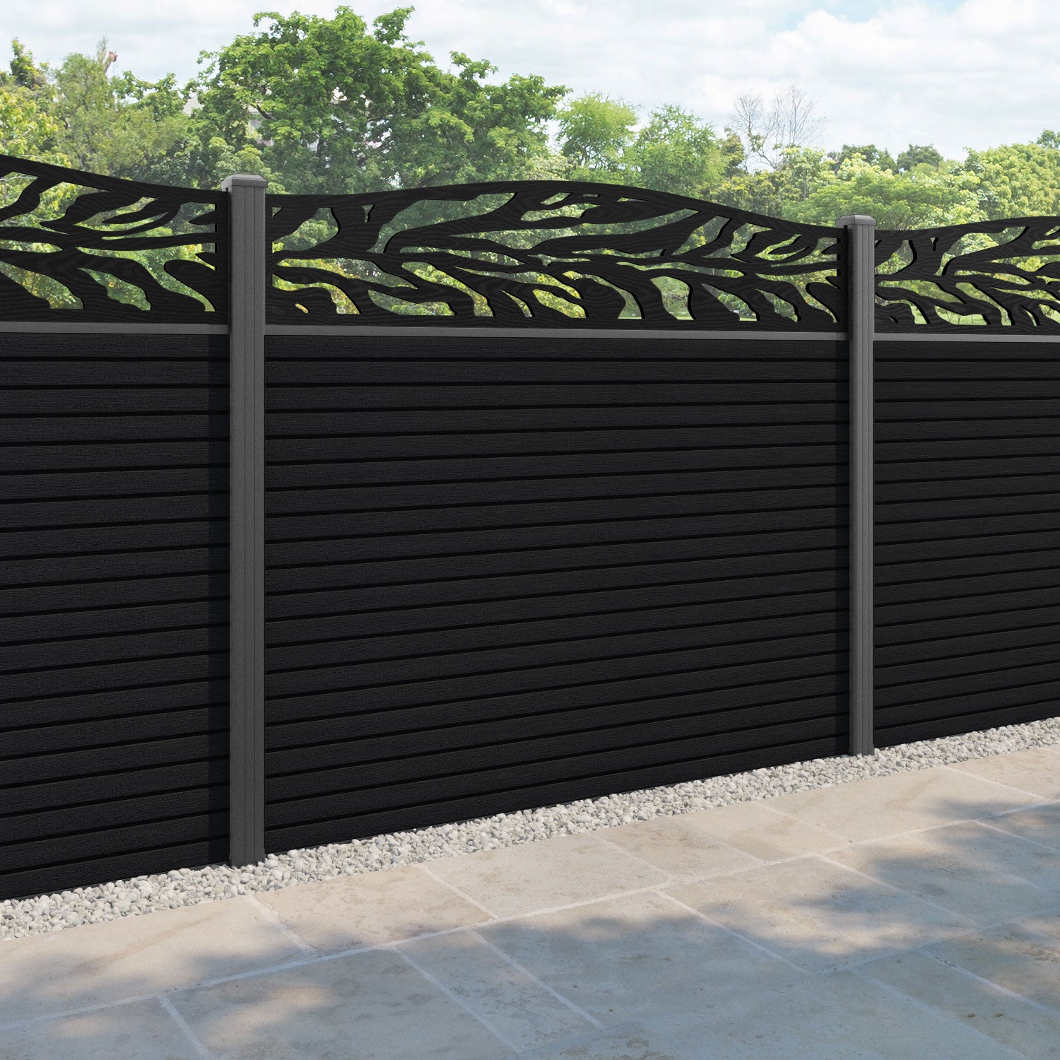 Hudson Malawi Curved Top Fence Panel - Black - with our aluminium posts