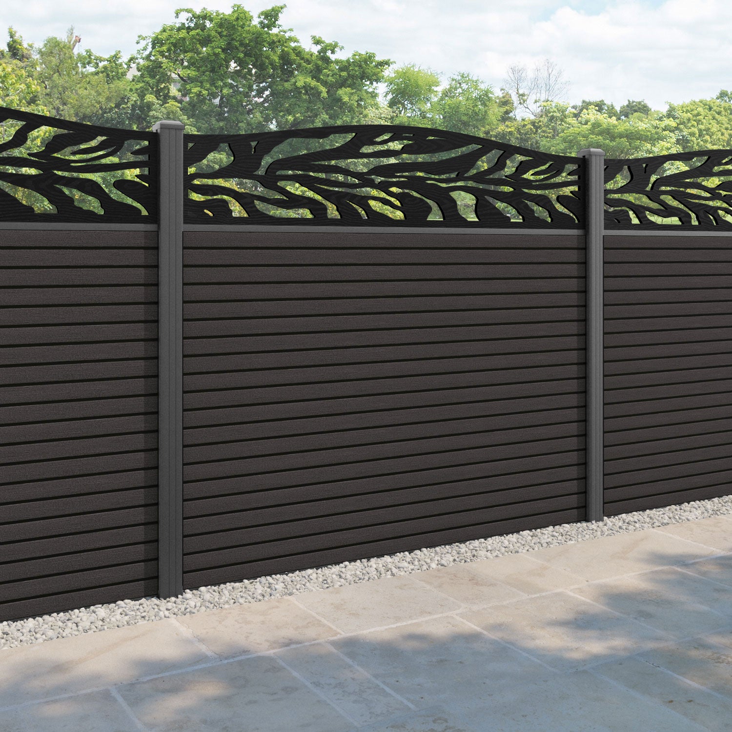 Hudson Malawi Curved Top Fence Panel - Dark Oak - with our aluminium posts