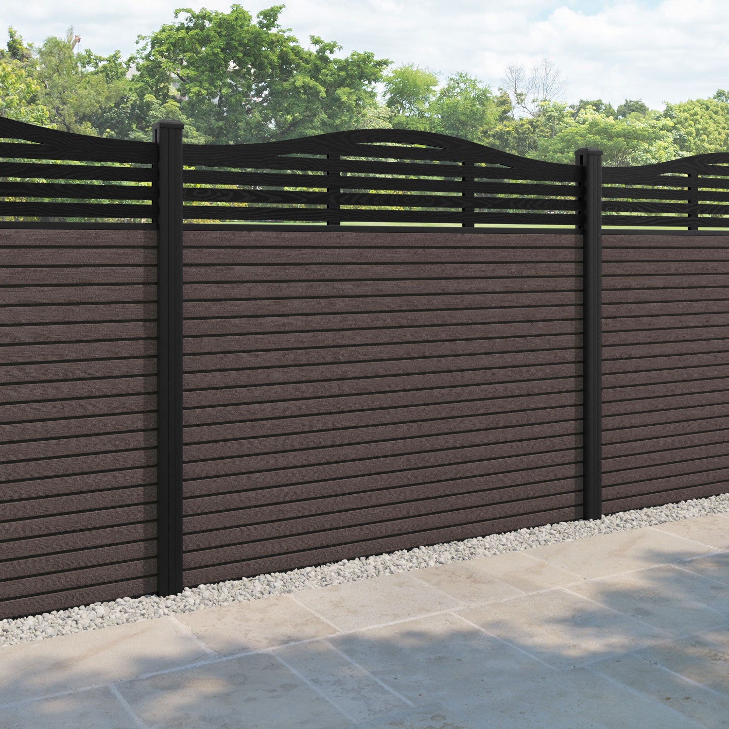 Hudson Aspen Curved Top Fence Panel - Mid Brown - with our aluminium posts