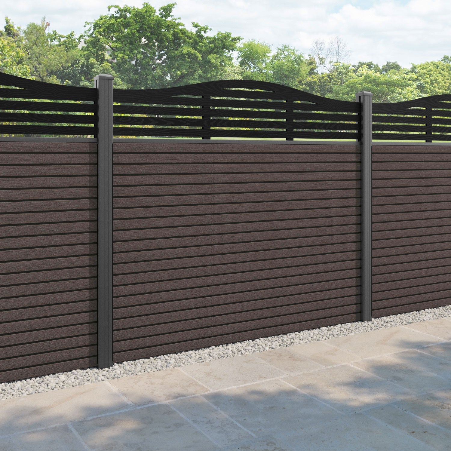Hudson Aspen Curved Top Fence Panel - Mid Brown - with our aluminium posts