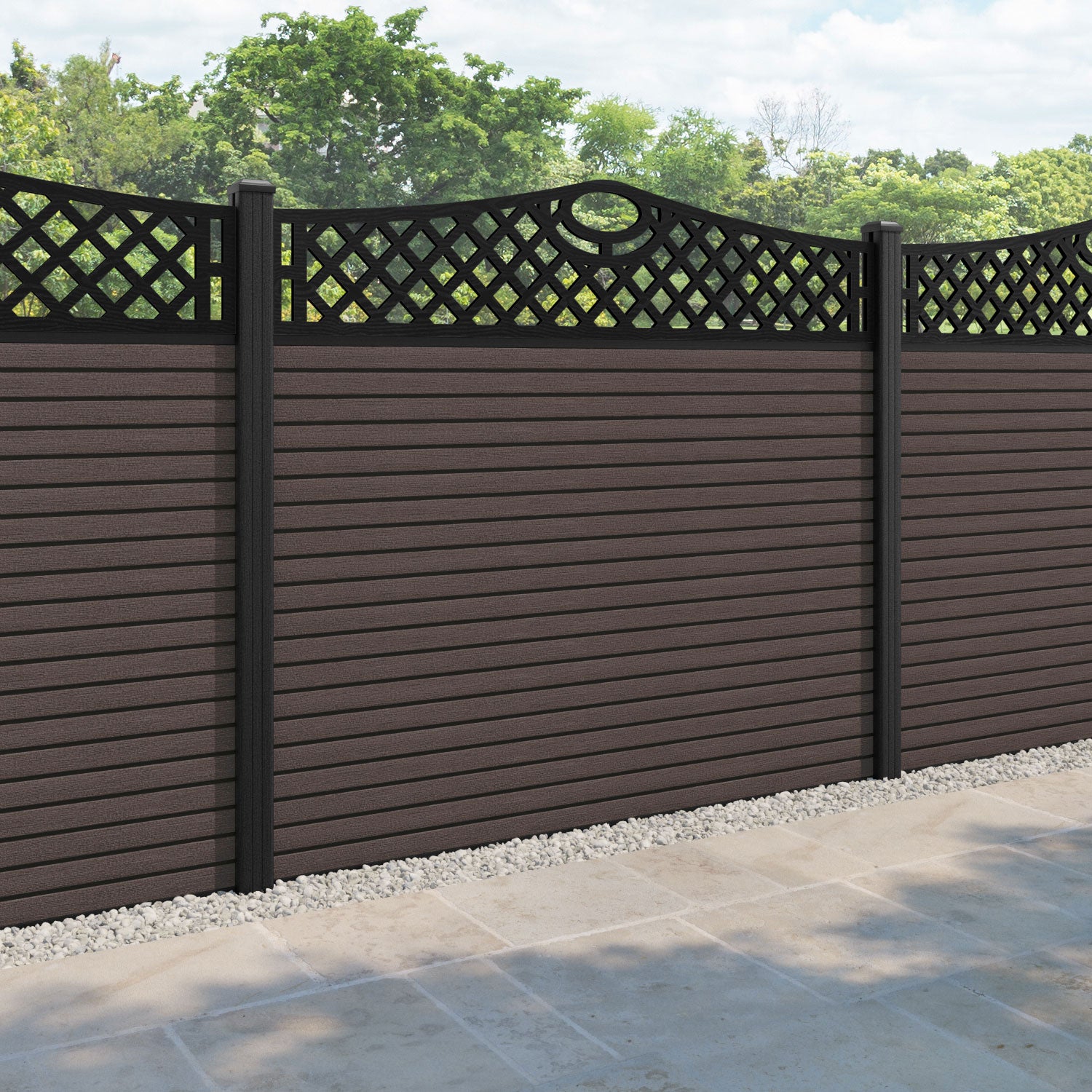Hudson Oxford Curved Top Fence Panel - Mid Brown - with our composite posts