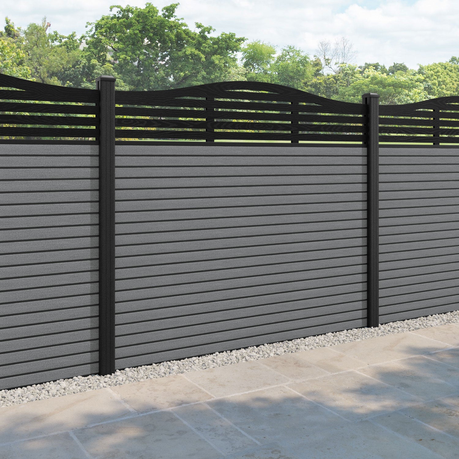 Hudson Aspen Curved Top Fence Panel - Mid Grey - with our composite posts