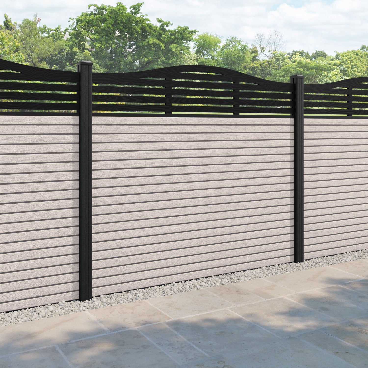 Hudson Aspen Curved Top Fence Panel - Mid Stone - with our composite posts