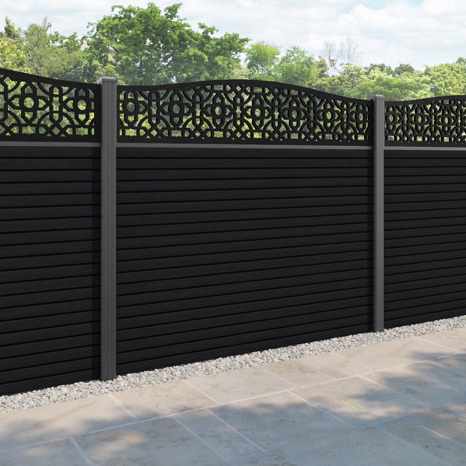 Hudson Nabila Curved Top Fence Panel - Black - with our aluminium posts
