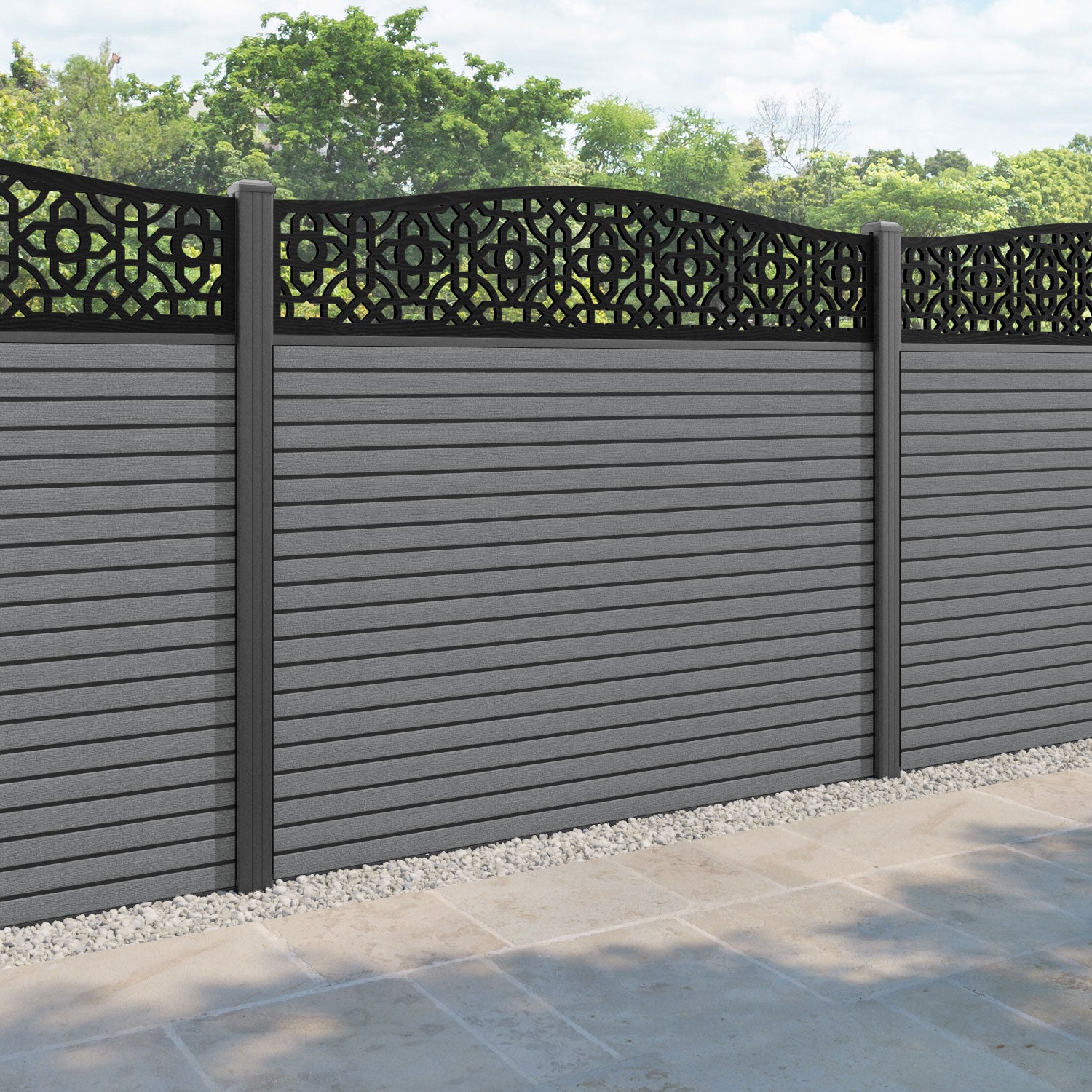 Hudson Nabila Curved Top Fence Panel - Mid Grey - with our aluminium posts