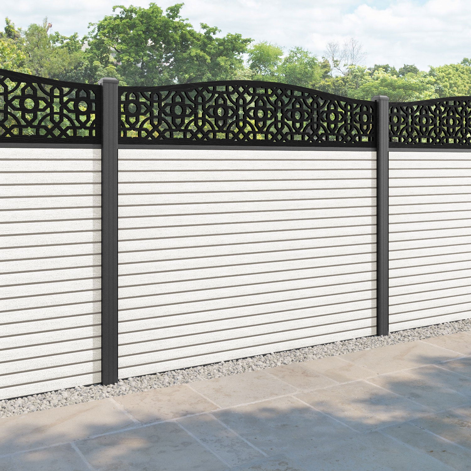 Hudson Nabila Curved Top Fence Panel - Light Stone - with our aluminium posts