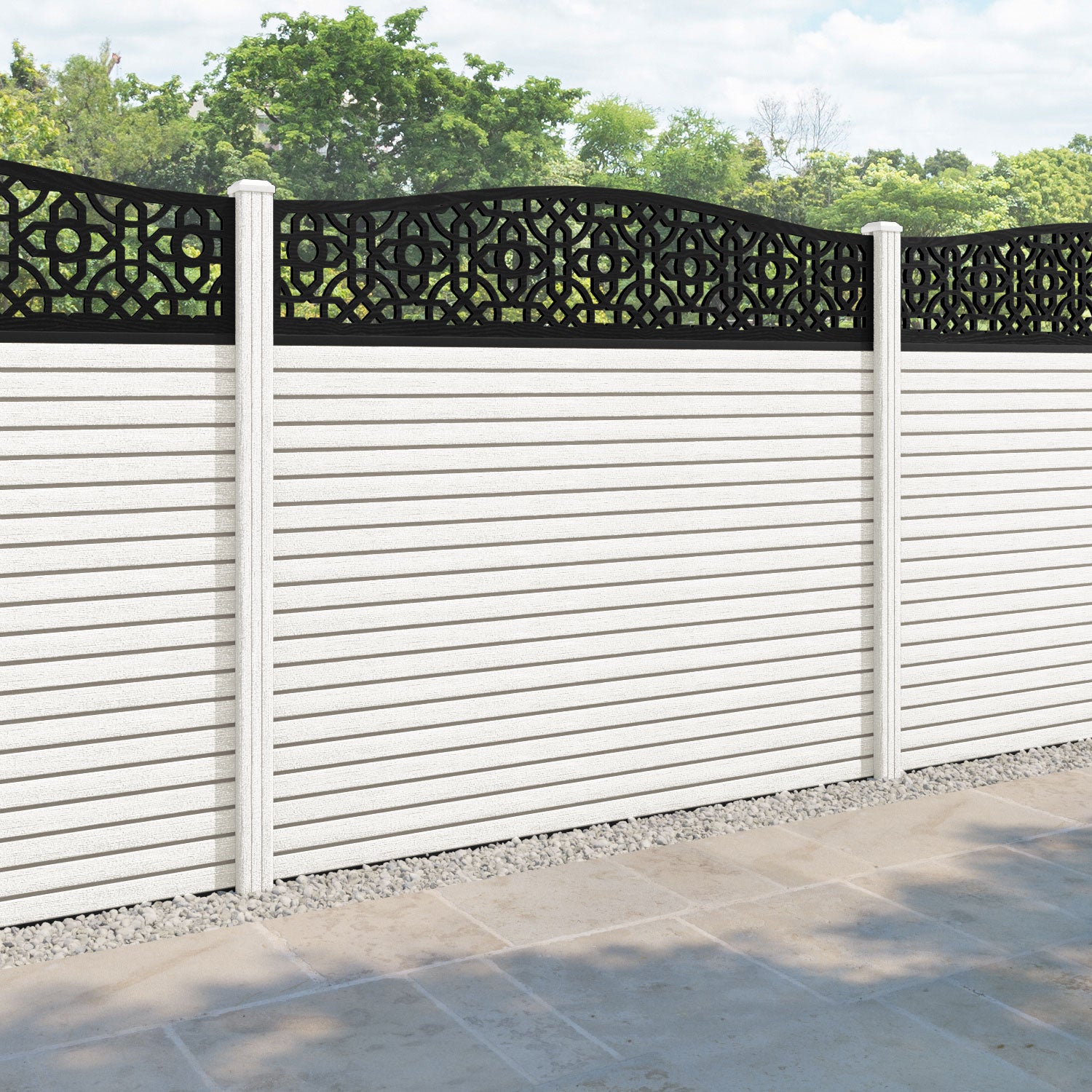 Hudson Nabila Curved Top Fence Panel - Light Stone - with our composite posts