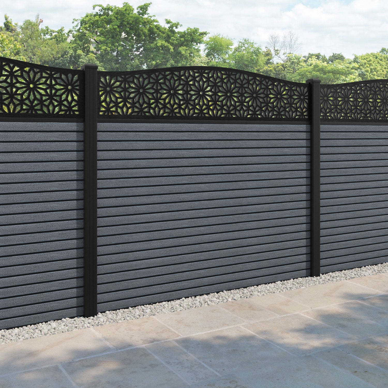 Hudson Narwa Curved Top Fence Panel - Anthracite - with our aluminium posts