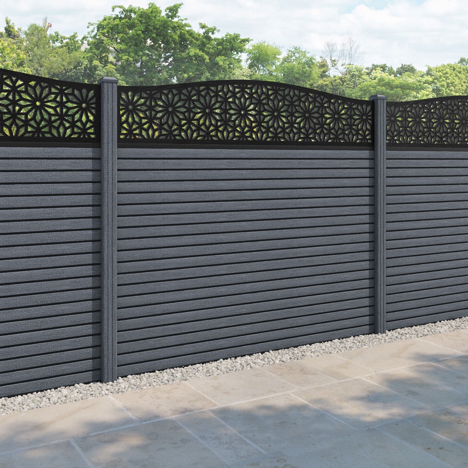 Hudson Narwa Curved Top Fence Panel - Anthracite - with our composite posts