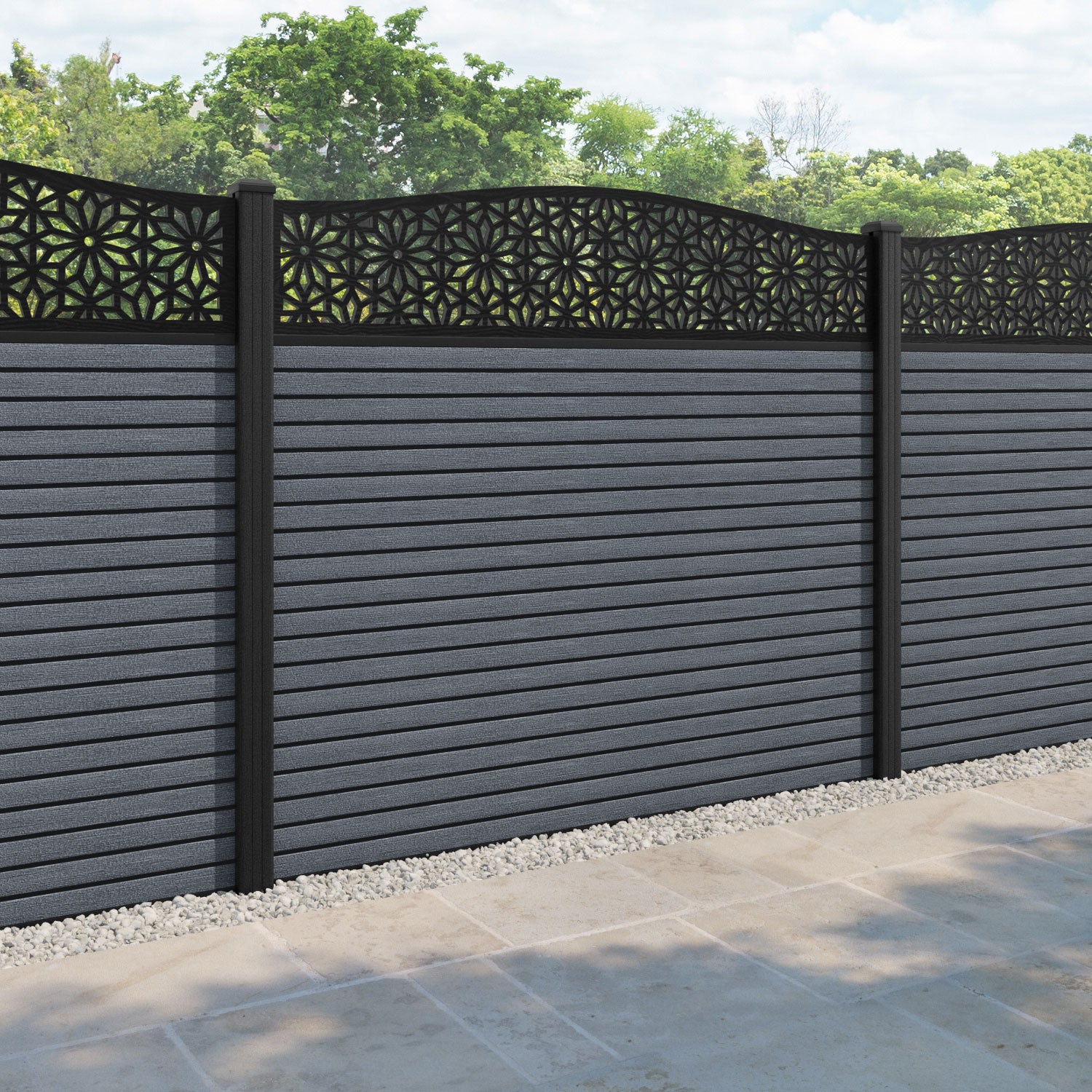 Hudson Narwa Curved Top Fence Panel - Anthracite - with our composite posts