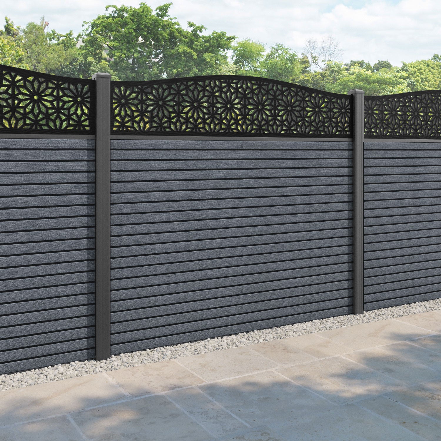 Hudson Narwa Curved Top Fence Panel - Anthracite - with our aluminium posts