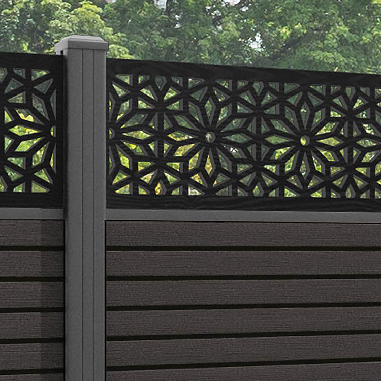 Hudson Narwa Fence Panel - Dark Oak - with our aluminium posts