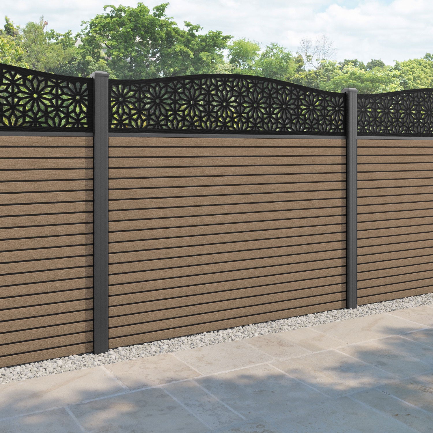 Hudson Narwa Curved Top Fence Panel - Teak - with our aluminium posts